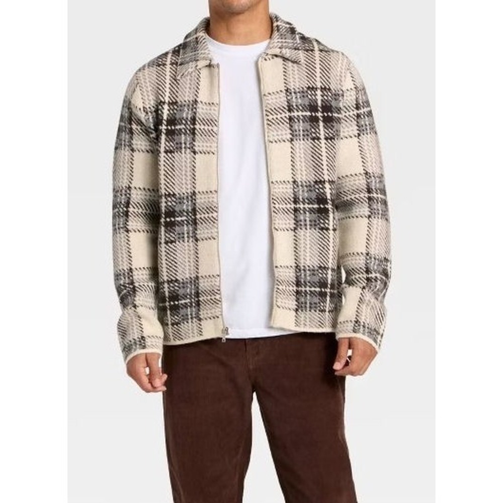 Goodfellow Men's Full Zip Sweater Jacket - Ivory/Gray Plaid - Size XL
